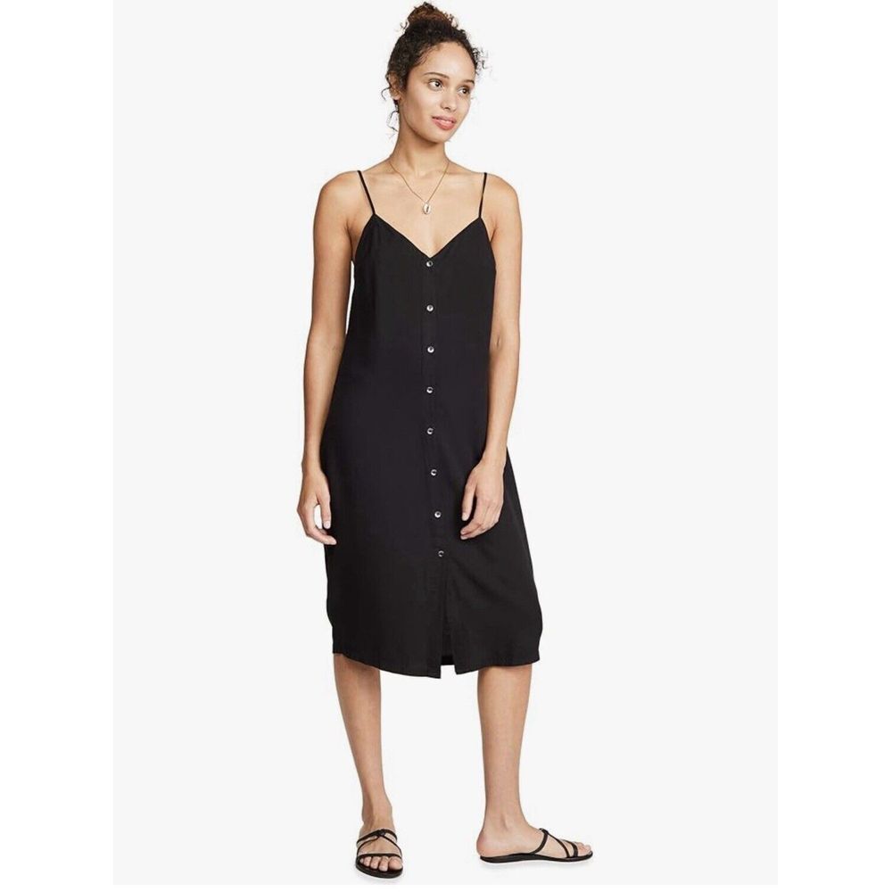Splendid Women's Button Front Midi Black Viscose Blend Slip Dress Size Medium